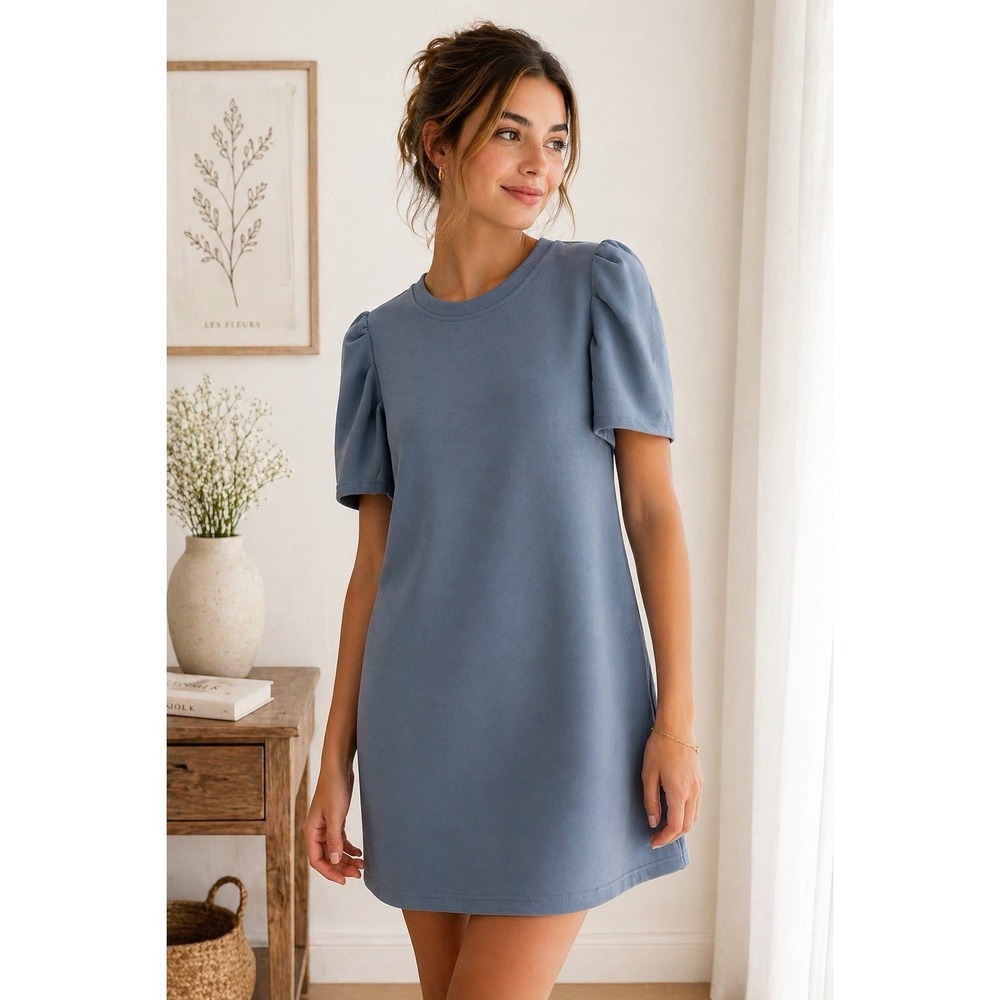 Cynthia Rowley Blue Puff Sleeve Dress Women's M Midi Soft Girl Minimalist